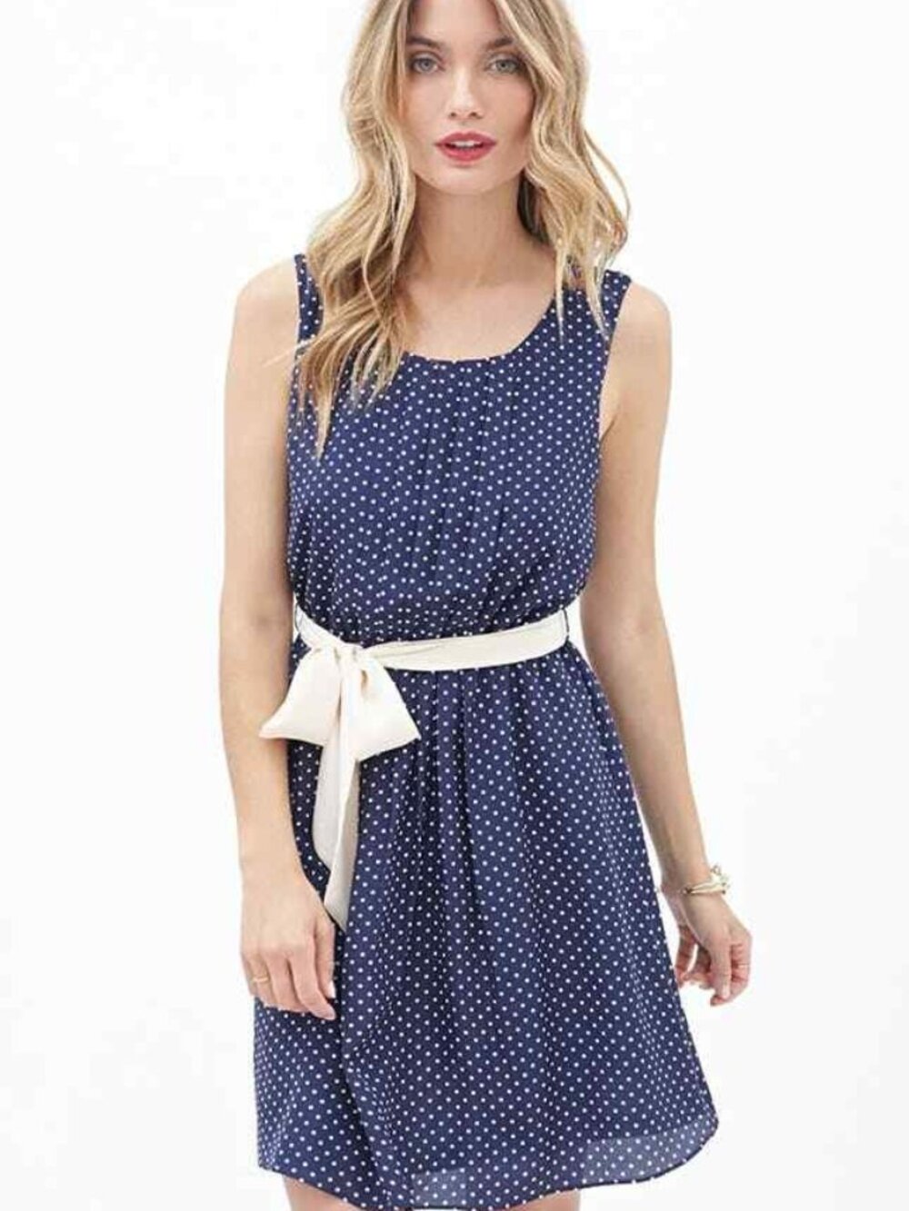 Forever 21 Navy Cream Contemporary Pleated Polka Dot Dress XS/S/M/L